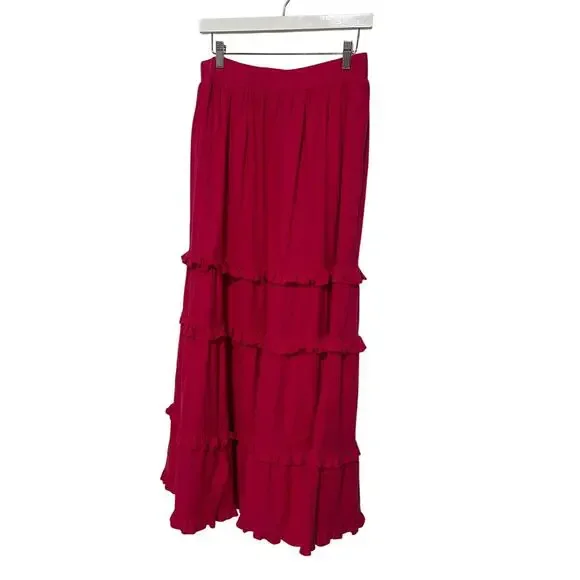 CUPIO WOMENS SIZE MEDIUM RUFFLE TIERED LINED MAXI SKIRT BRIGHT ROSE PINK NEW - Picture 4 of 11